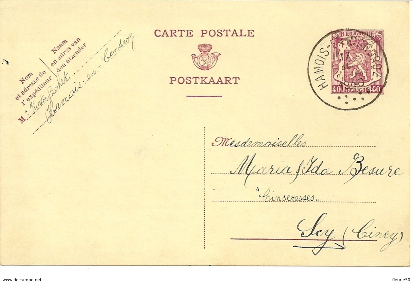 ENTIER POSTAL (carte Postale) Oblitération Hamois-en-Condroz 17-2-1940 Vers Scy (Ciney). - Cartes Postales 1934-1951