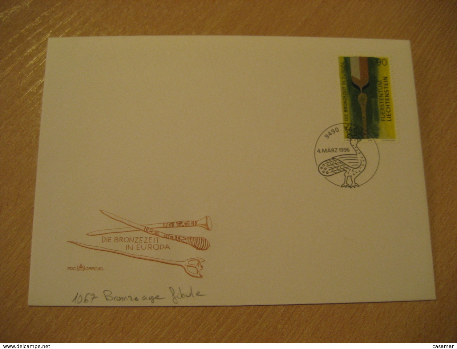 VADUZ 1996 Yvert 1067 Bronze Age Fibule Europeism FDC Cancel Cover LIECHTENSTEIN Archeology Archeologie - Archäologie