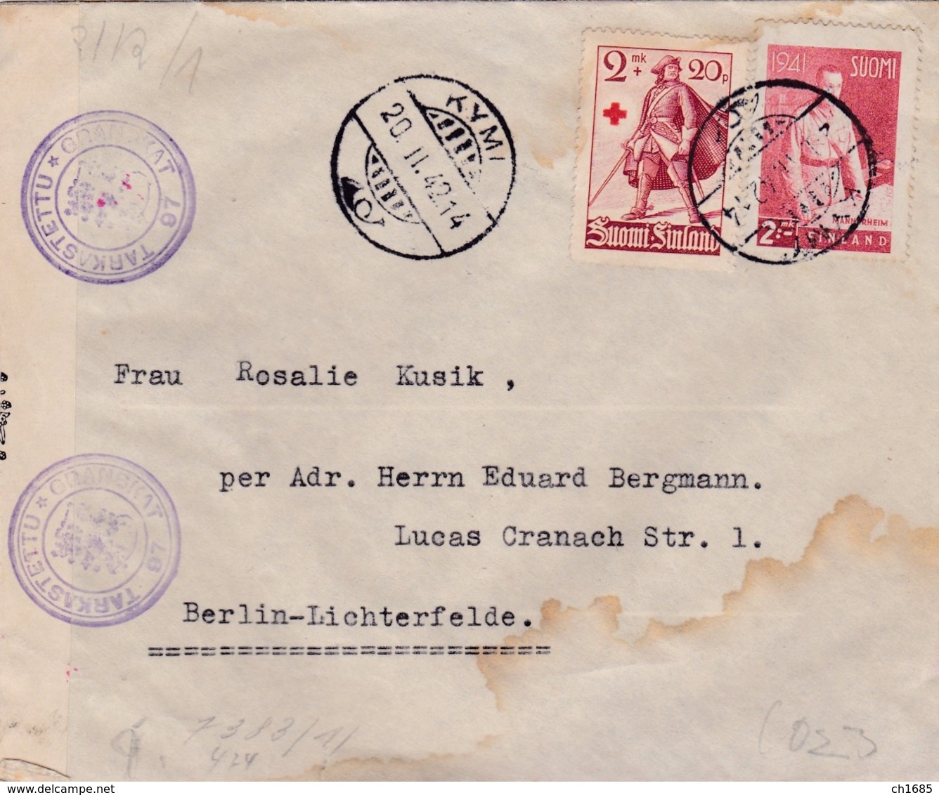 FINLANDE :  Lettre Avec Cachet Et Censure Finlandais Et Allemands Pour Berlin En 1942 - Covers & Documents