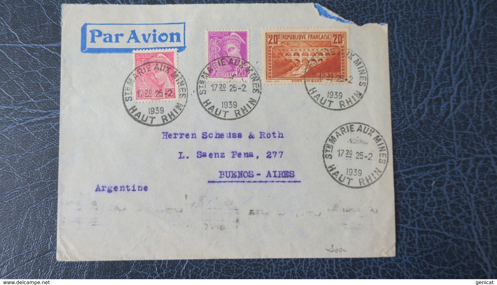 N° 262 Pont Du Gard Sur Lettre Par Avion Pour Argentine Complément  Mercure Fevrier 1939 - 1921-1960: Période Moderne