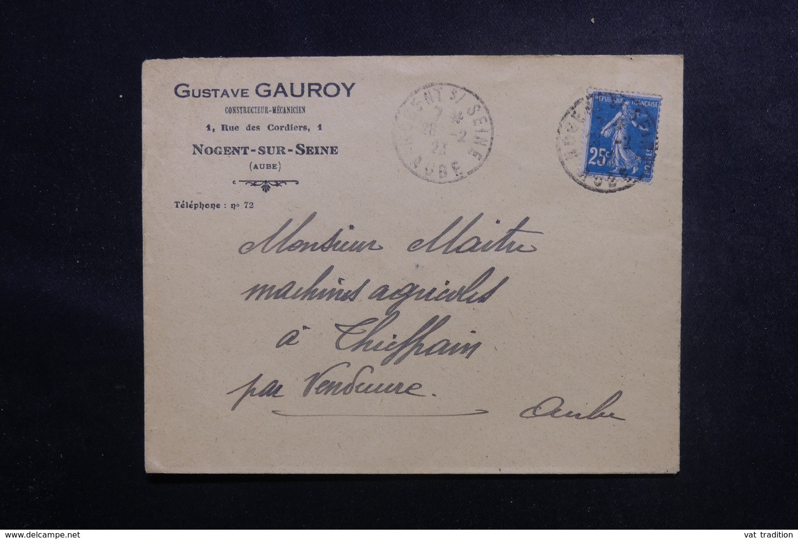 FRANCE - Enveloppe Commerciale De Nogent / Seine Pour Thieffrain En 1923, Affranchissement Type Semeuse - L 47083 - 1921-1960: Période Moderne