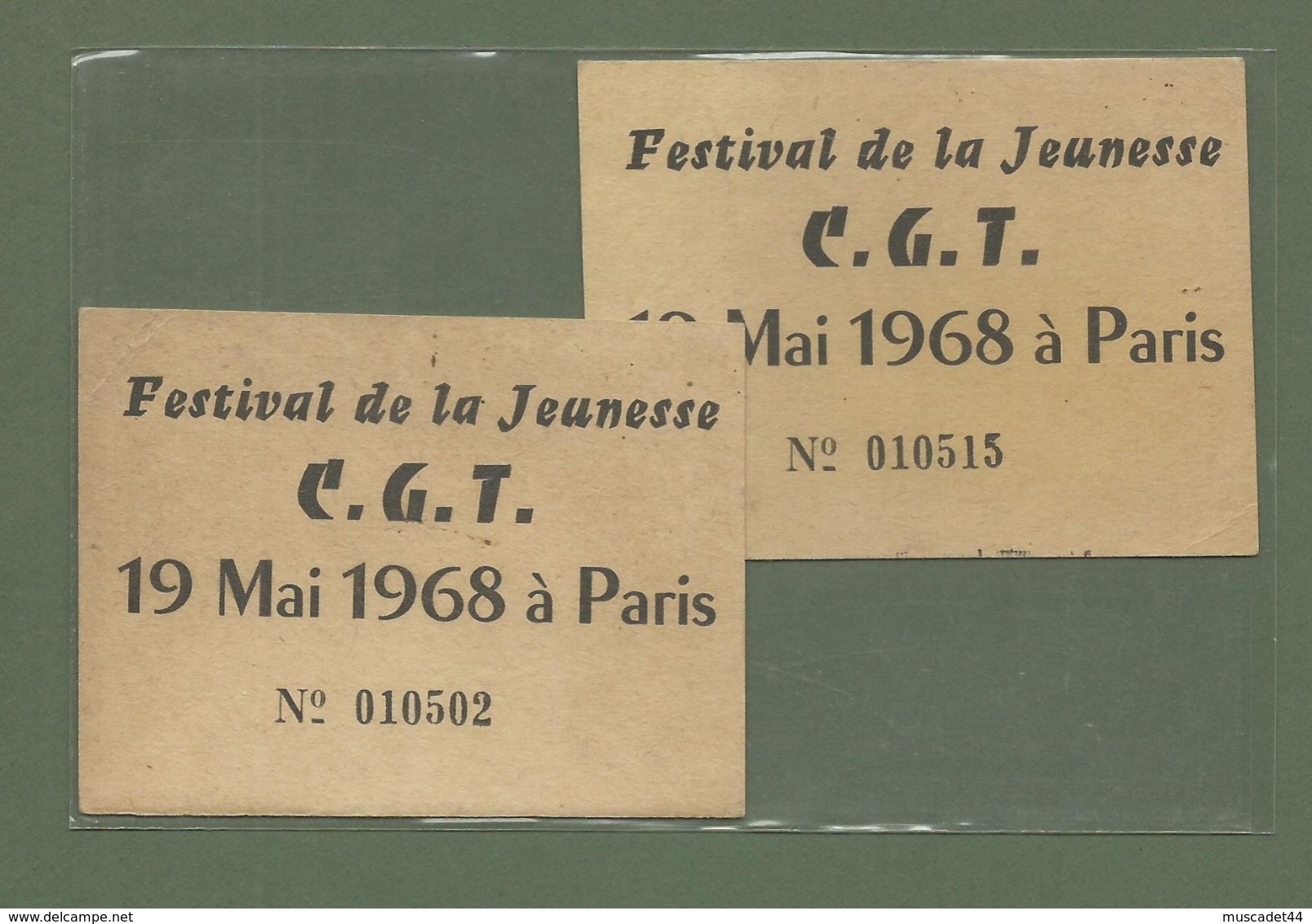 TICKETS DU FESTIVAL DE LA JEUNESSE CGT 19 MAI 1968 A PARIS SYNDICAT - Historische Dokumente