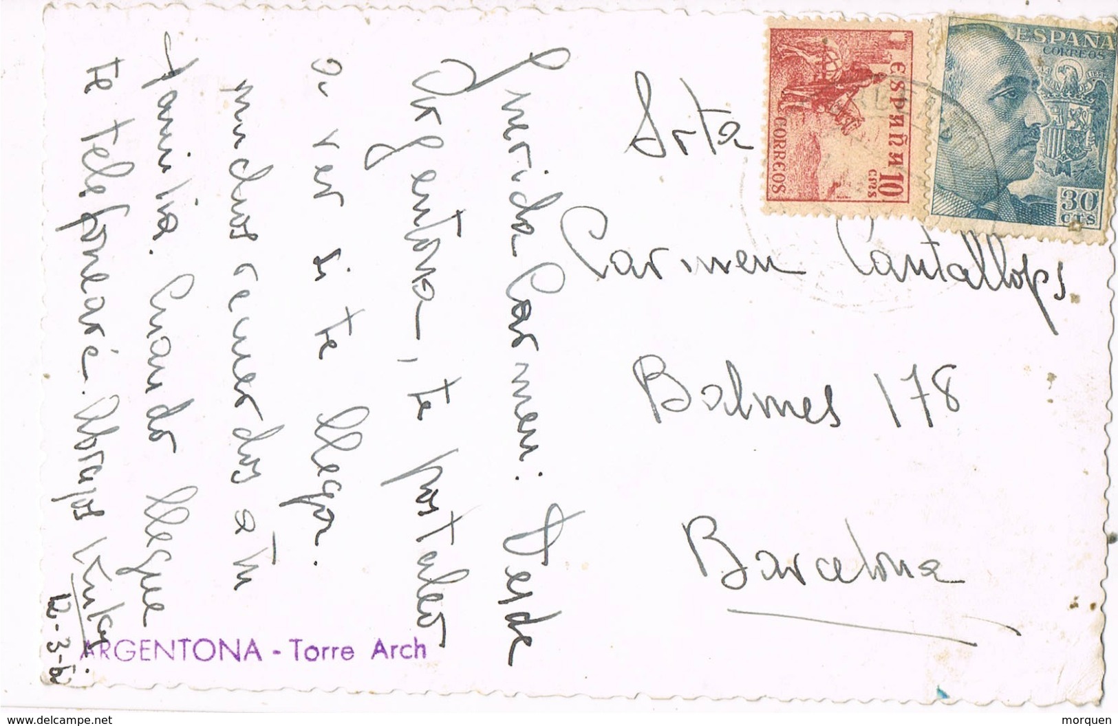 34630. Postal ARGENTONA (Barcelona) 1952. Vista TORRE Arch - Cartas & Documentos