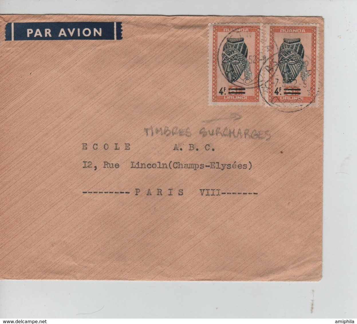 CBPN98/ Ruanda TP 174(2) Surchargés 4f S/L.Avion C.Astrida 7/5/52 > Paris - Lettres & Documents