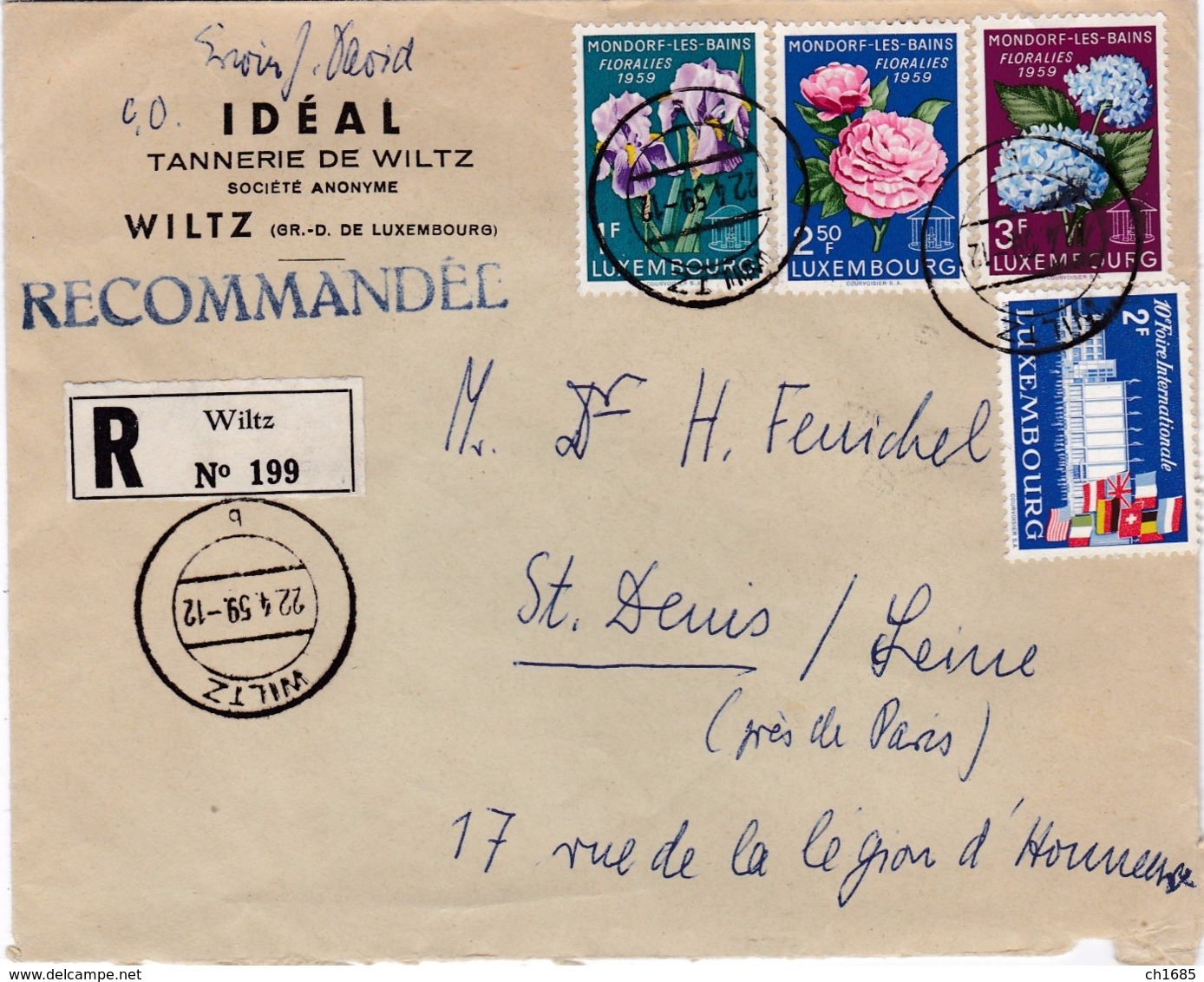 LUXEMBOURG :   Série Fleurs 564 à 566 Sur Recommandé De Wiltz De 1959 Pour La France - Lettres & Documents