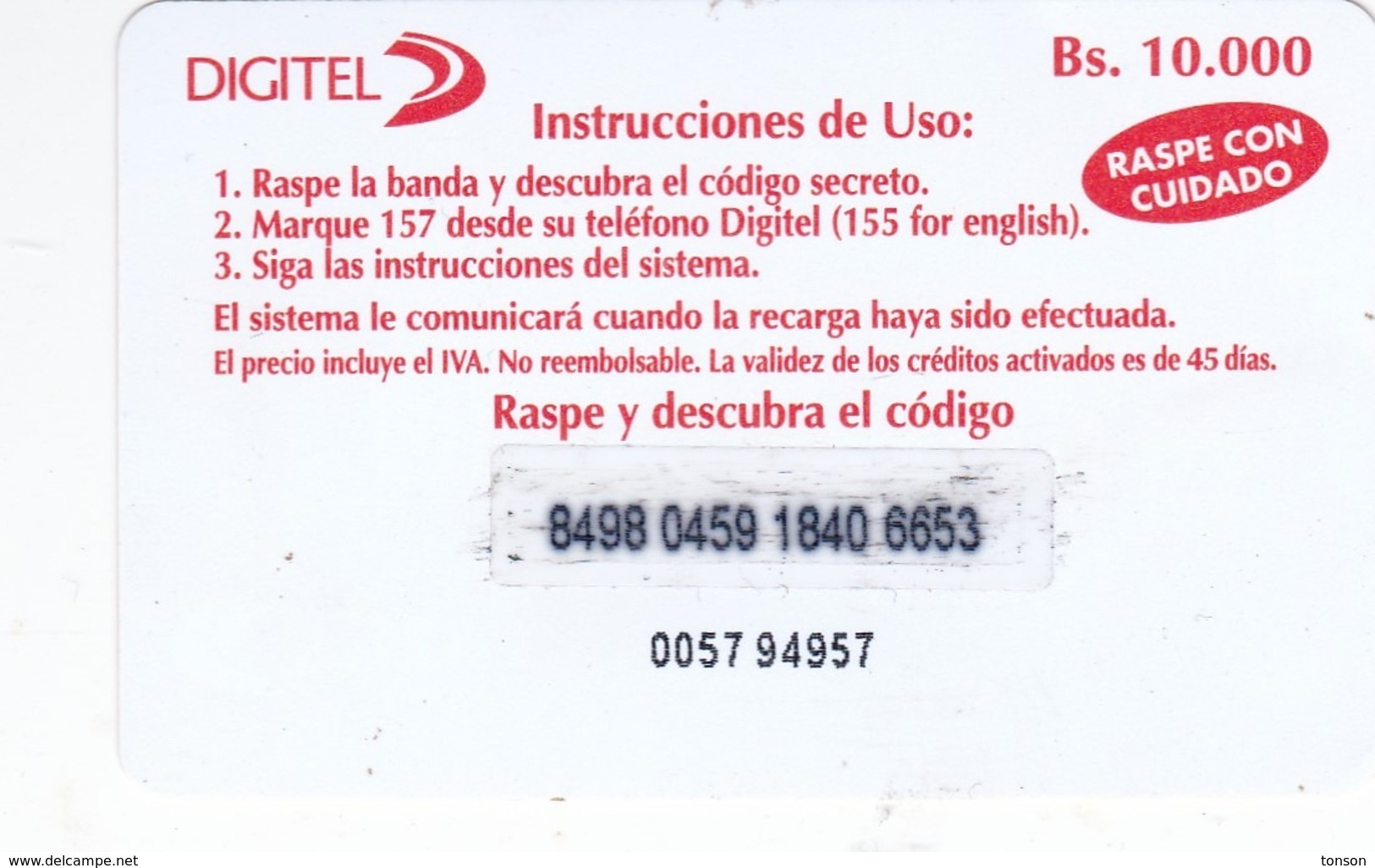 Venezuela, Digitel,  Telefonía Básica Prepagada, 2 Scans. - Venezuela