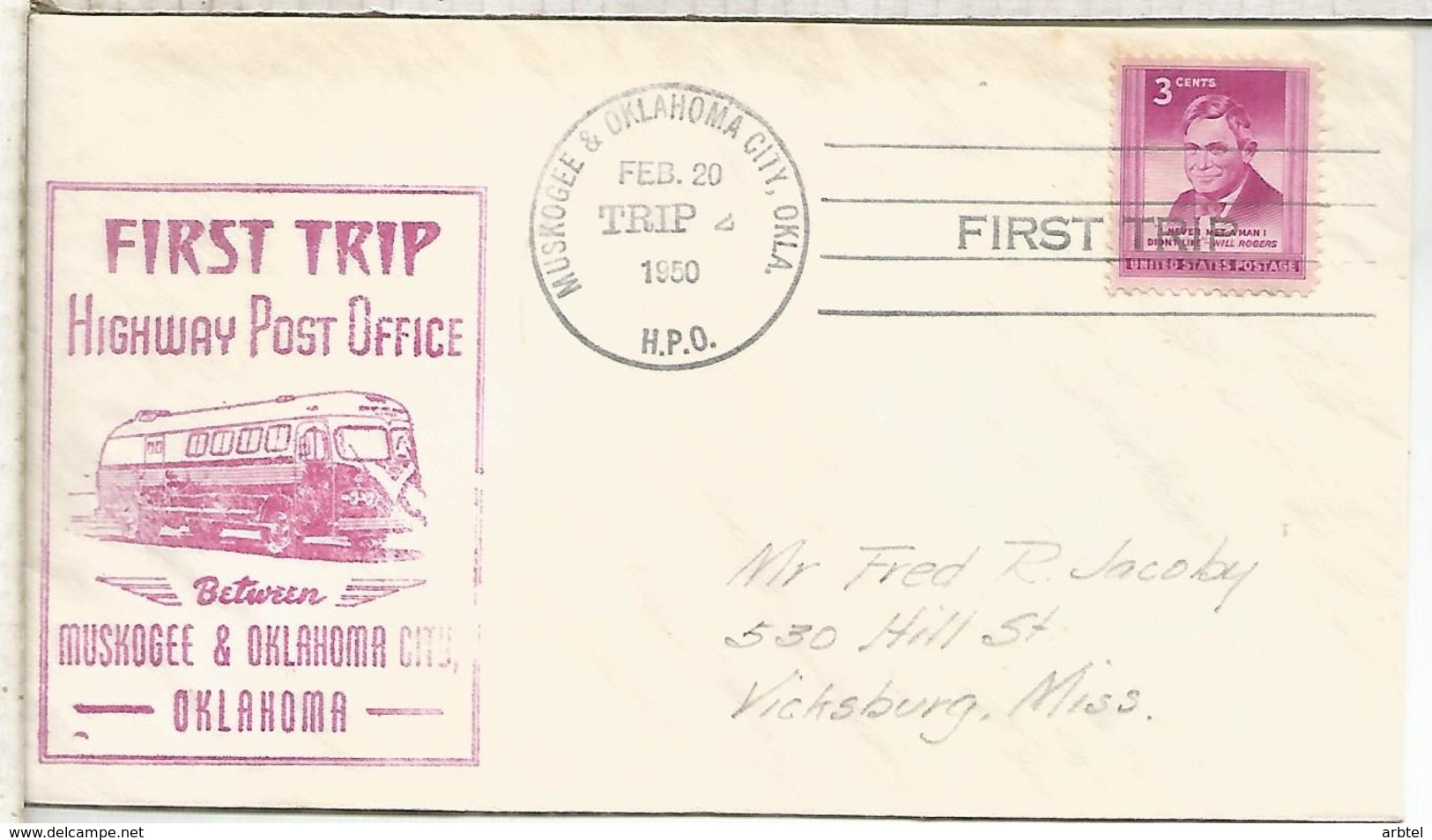 ESTADOS UNIDOS USA 1950 HIGHWAY POST OFFICE MUSKOGEE & OKLAHOMA CITY  AUTOBUS AMBULANTE POSTAL - Bus