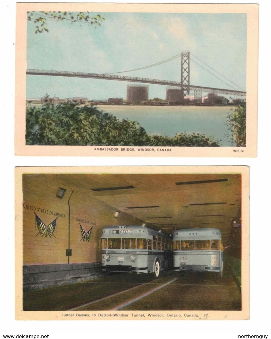 2 Different WINDSOR, Ontario, Canada, Ambassador Bride & Tunnel Buses, Old WB Postcards, Essex County - Windsor
