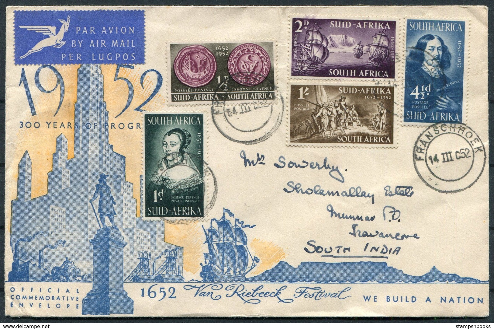 1952 South Africa Van Riebeeck Illustrated First Day Cover. Franschhoek - Travencore India - FDC