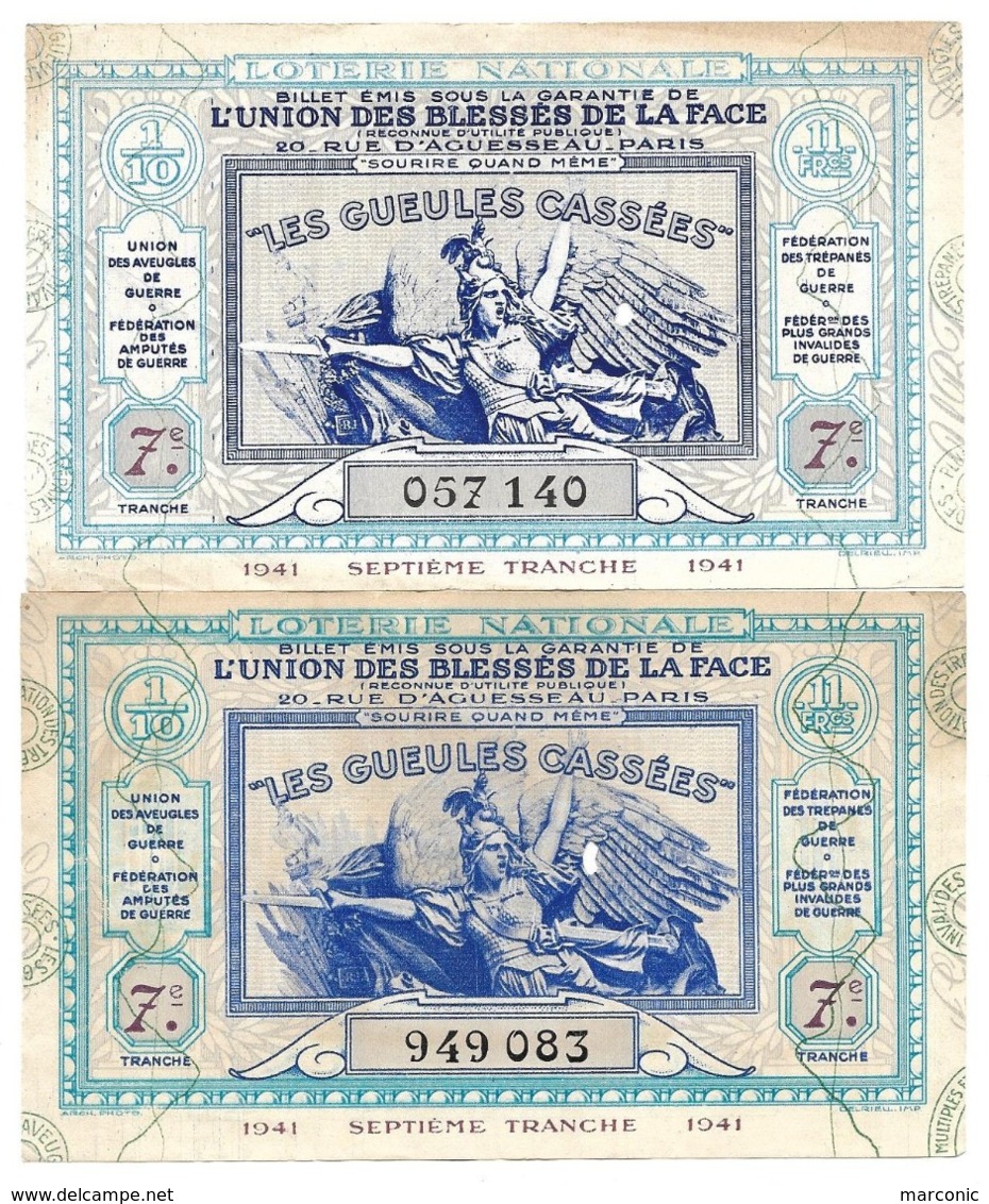 LOT 2 Billet Loterie Nationale - Les Gueules Cassées 1941 - 7e Tranche, 1/10e - Lottery Tickets