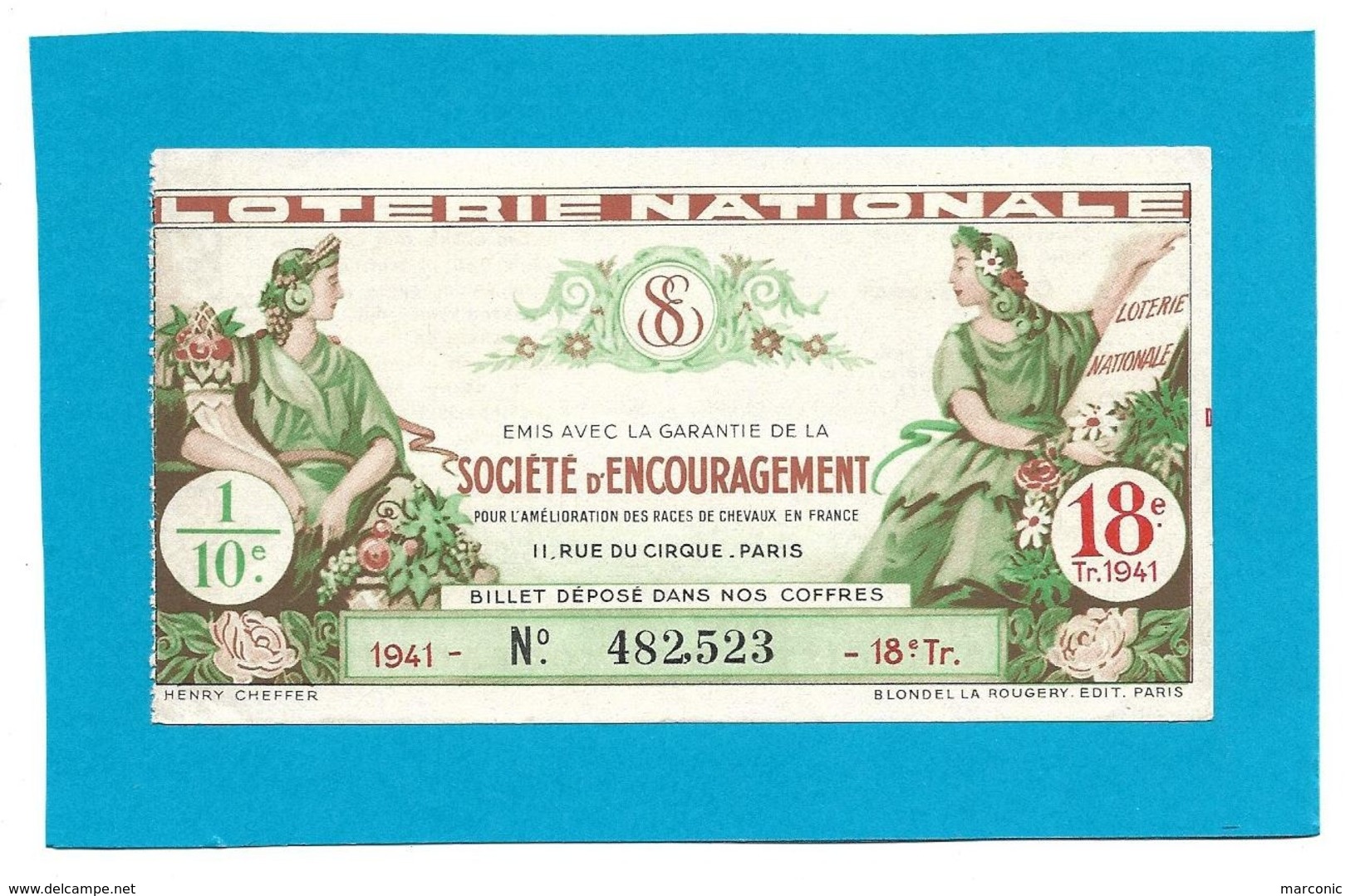 Billet Loterie Nationale - SOCIETE D'ENCOURAGEMENT 1941 - 18e Tranche  - 1/10e - Loterijbiljetten