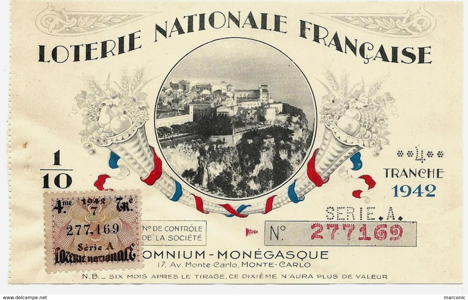 Billet Loterie Nationale Française - OMNIUM MONEGASQUE, Monte Carlo, 1942 Tr 4 Série A 1/10e, Vue Du Rocher - Loterijbiljetten