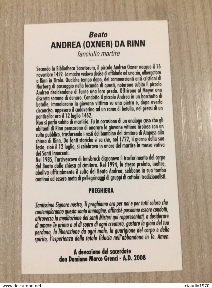 Santino Beato Andrea (Oxner) Da Rinn Fanciullo Martire - Santini