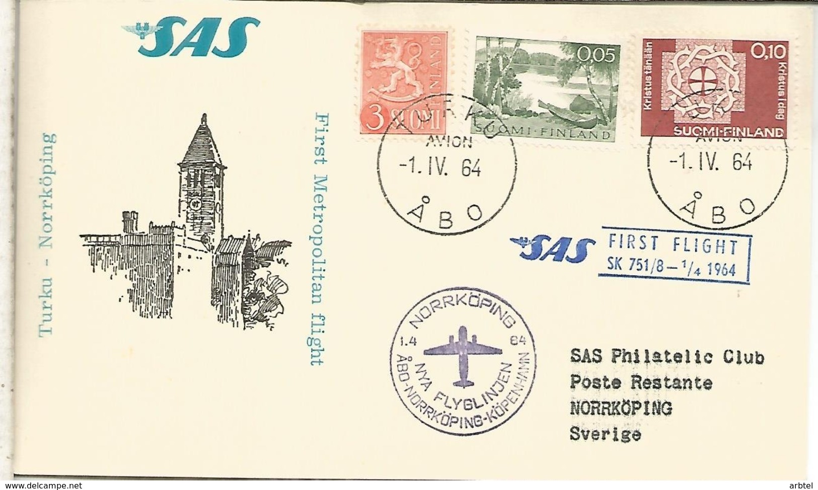 FINLANDIA 1964 TURKU PRIMER VUELO SAS A NORRKÖPING - Lettres & Documents