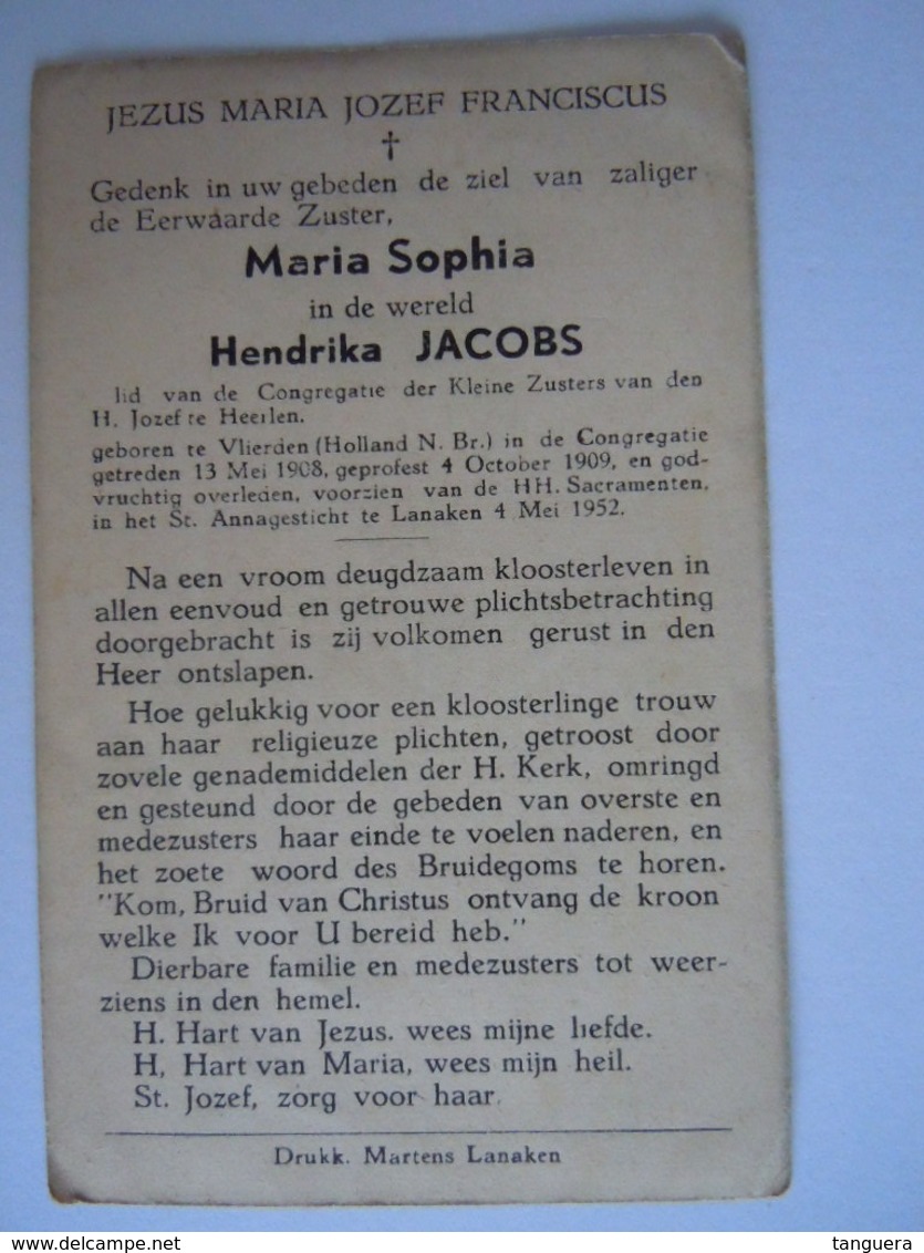 Doodsprentje Zuster Non Maria Sophia Hendrika Jacobs Geboren Vlierden (Holland) + Lanaken 1952 - Andachtsbilder