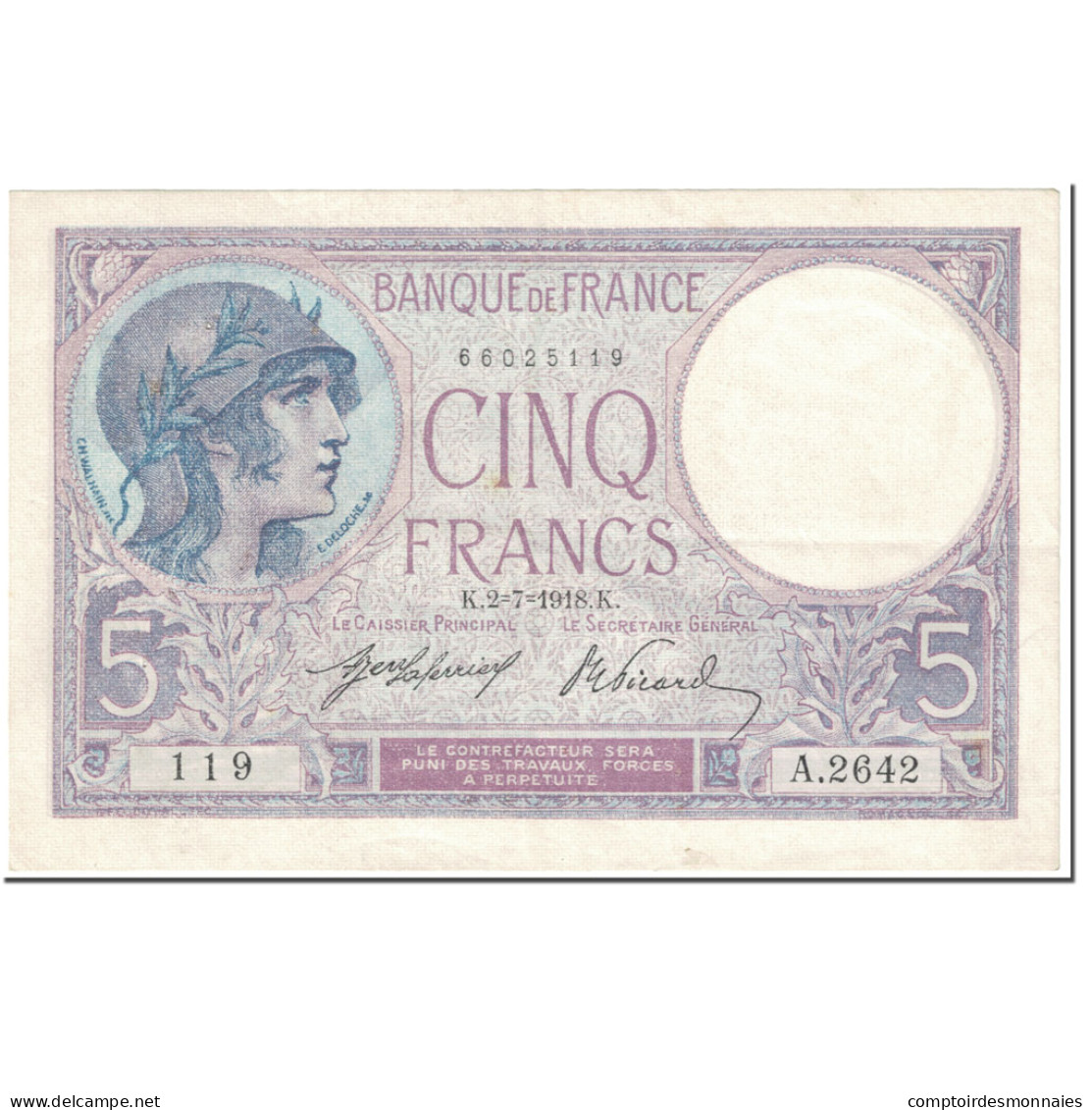 France, 5 Francs, Violet, 1918, 1918-07-02, TTB, Fayette:03.02, KM:72a - 5 F 1917-1940 ''Violet''