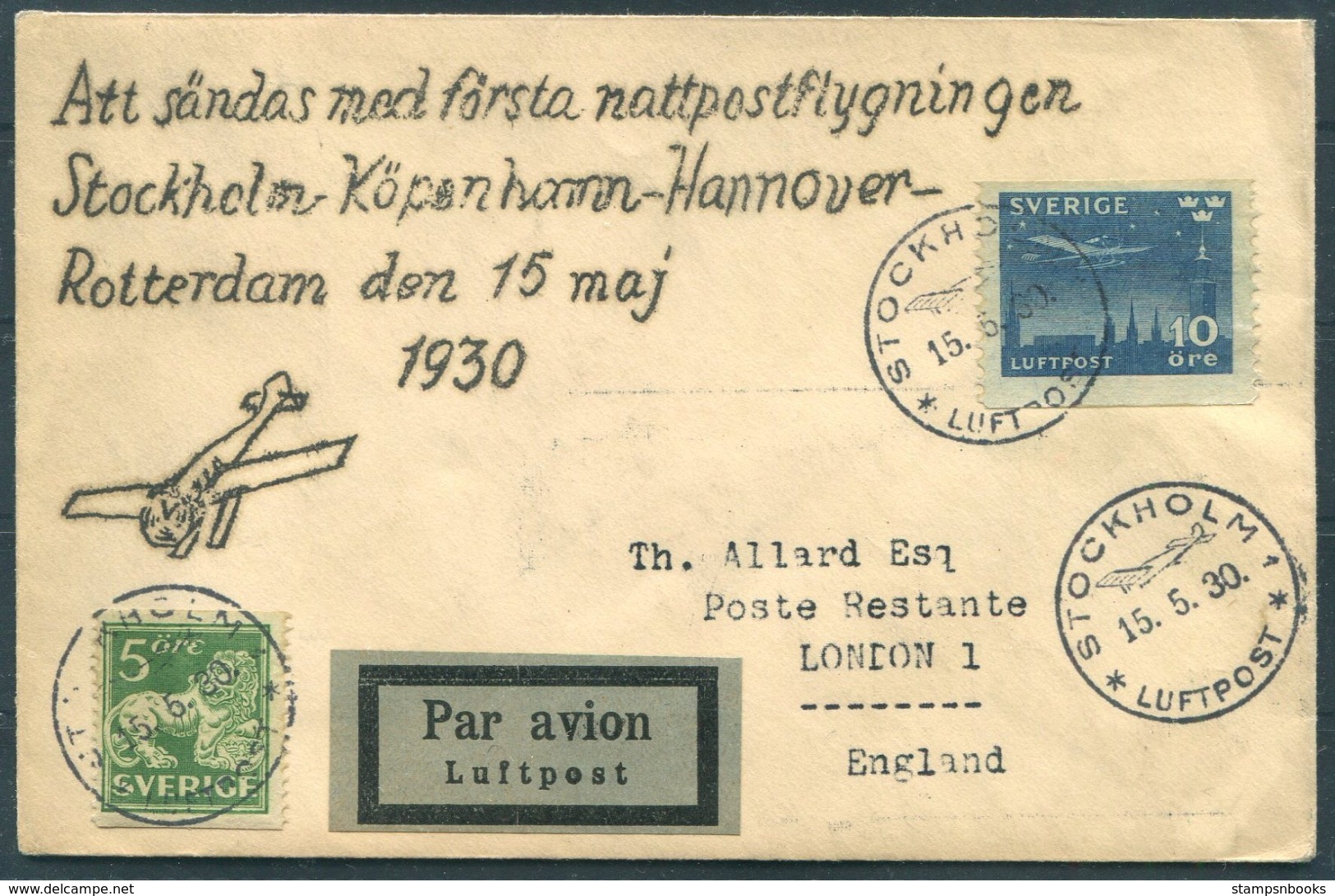 1930 Sweden Stockholm - Copenhagen - Hannover - Rotterdam First Night Flight Cover. - Covers & Documents