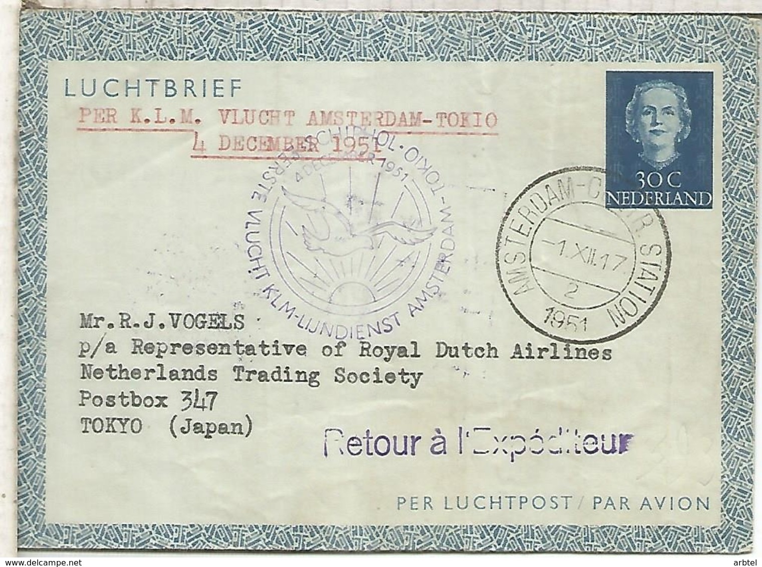 HOLANDA AEROGRAMA 1951 PRIMER VUELO KLM AMSTERDAM TOKYO - Correo Aéreo