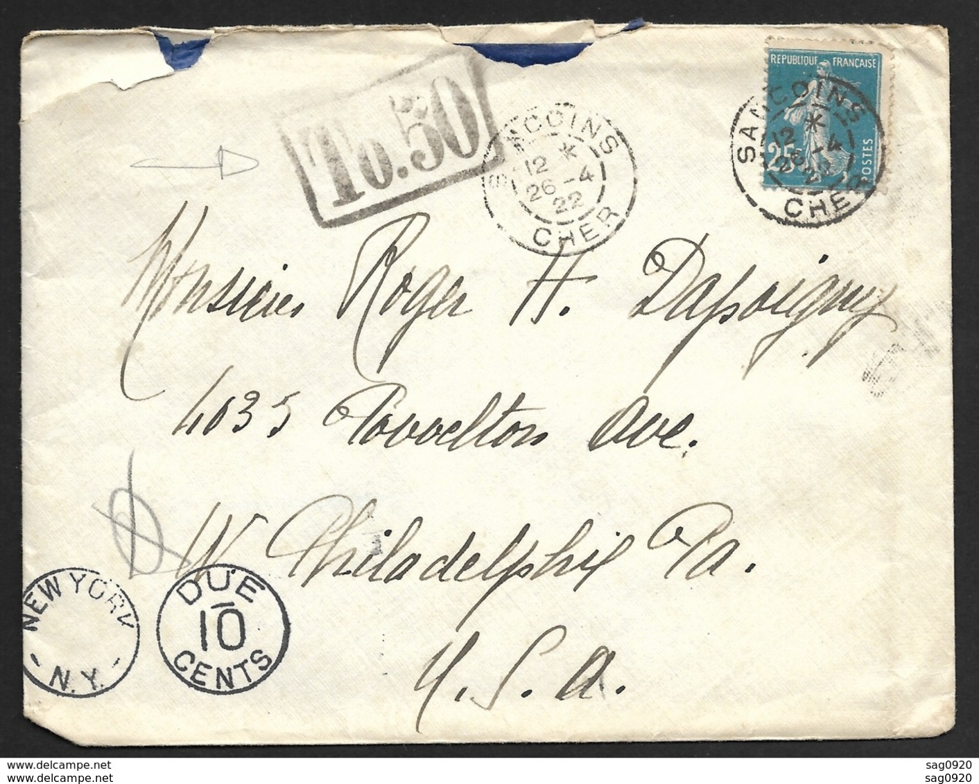 Cher-Enveloppe Avec Cachet De Sancoins Sur N°140-Pour Les USA-Taxée à New York - 1921-1960: Période Moderne