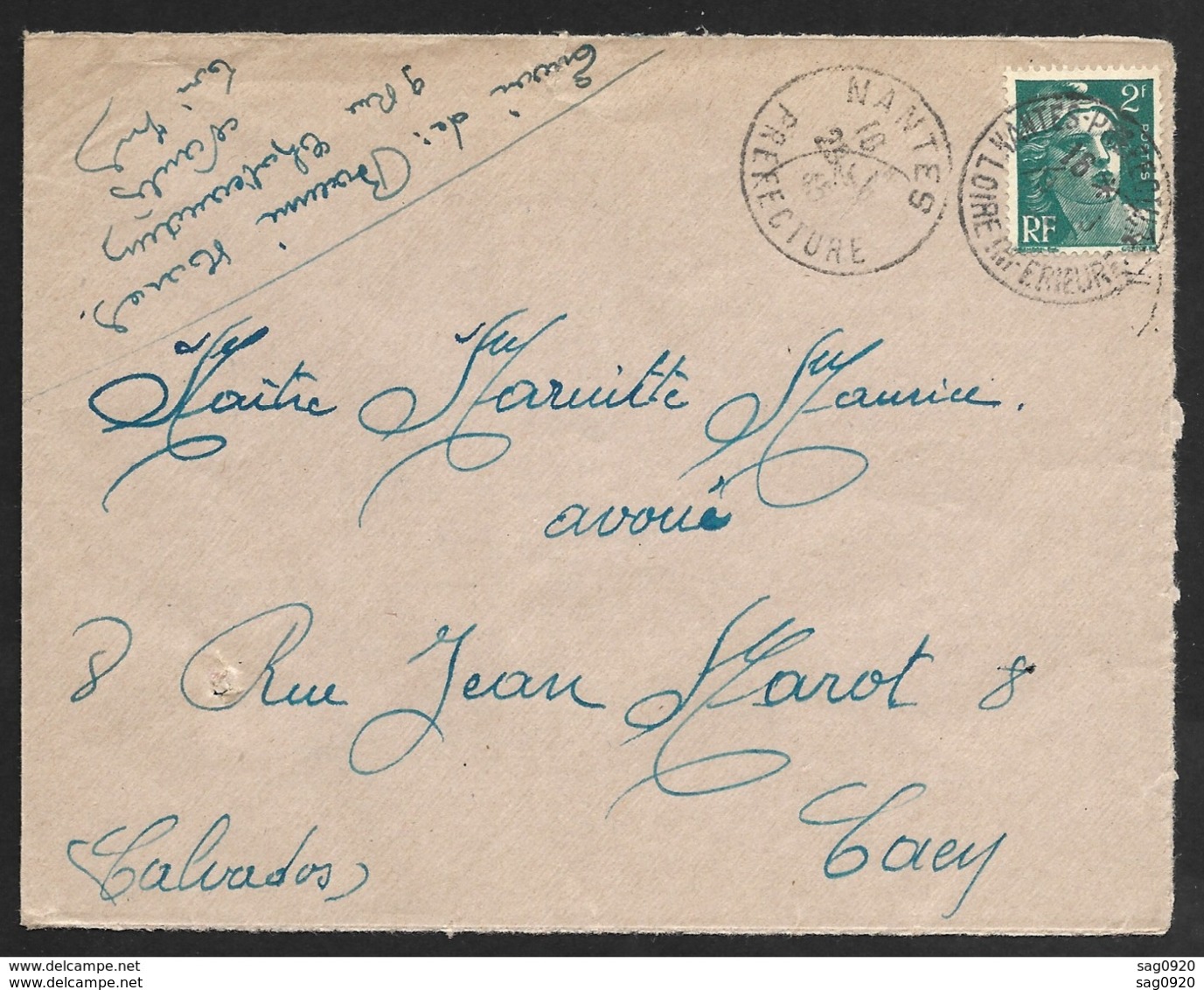 Enveloppe Avec Cachet Nantes Prefecture Sur N°713-1945 - 1921-1960: Période Moderne