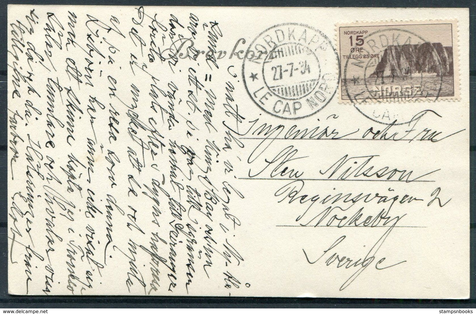 1934 Norway Kings Bay Postcard. Nordkapp, Le Cap Nord - Sweden. 15+25 Ore Nordkapp 1 - Covers & Documents