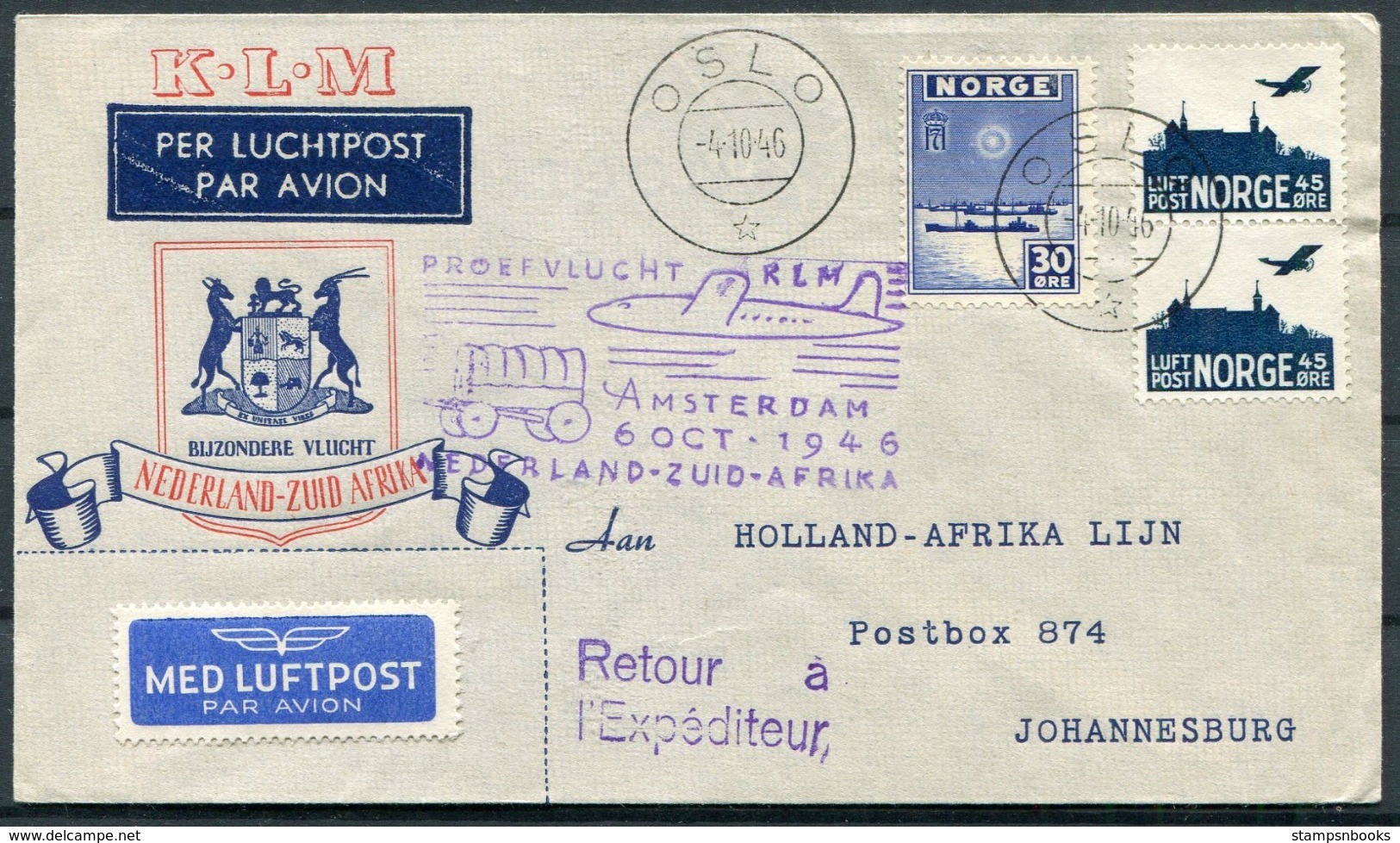 1946 Norway Oslo KLM Special Flight Cover. Amsterdam - Johannesburg. Holland, South Africa - Briefe U. Dokumente