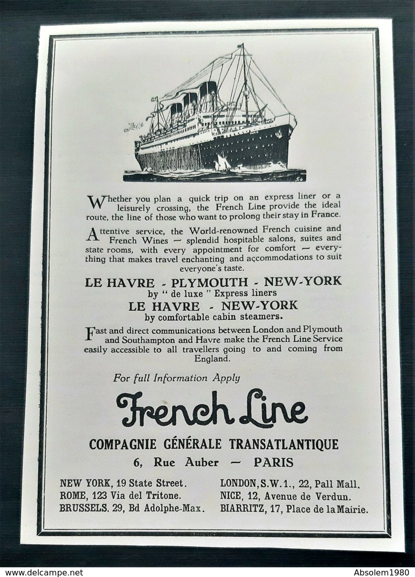 FRENCH LINE 1920 COMPAGNIE GENERALE TRANSATLANTIQUE PAQUEBOT LUXE LE HAVRE PLIMOUTH NEW YORK PUBLICITE STEAMSHIP AD - Reclame