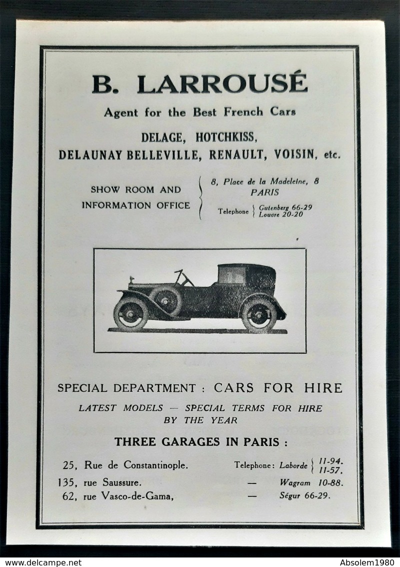 AUTOMOBILE LAROUSSE 1920 AGENT DELAGE HOTCHKISS DELAUNAY BELLEVILLE RENAULT VOISIN PUB LUXE AD FRENCH CARS VOITURES - Werbung