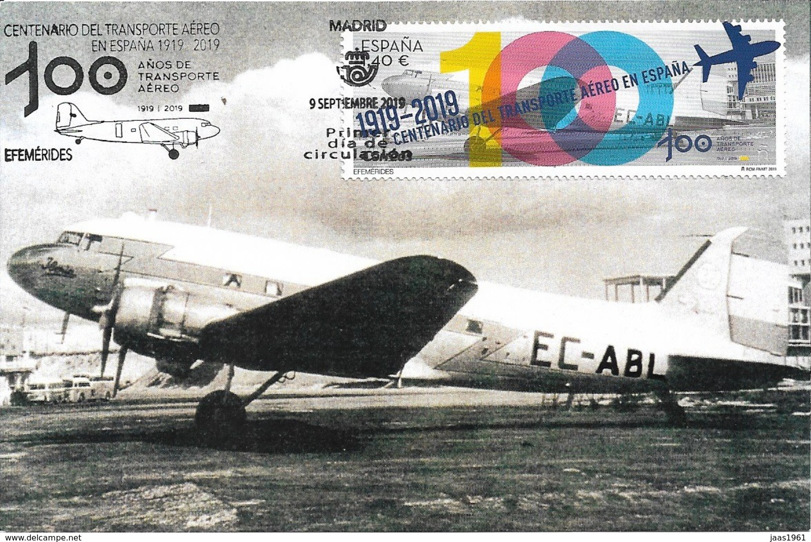 SPAIN. MAXICARD FIRST DAY. CENTENARY OF AIR TRANSPORT IN SPAIN. AIRPLANE. 2019 - Tarjetas Máxima