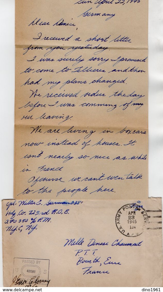 TB 2718 - MILITARY - War 39 / 45 - U.S ARMY - Letter Censor Passed By Army Examiner Caporal WALT Germany / France - Poststempel