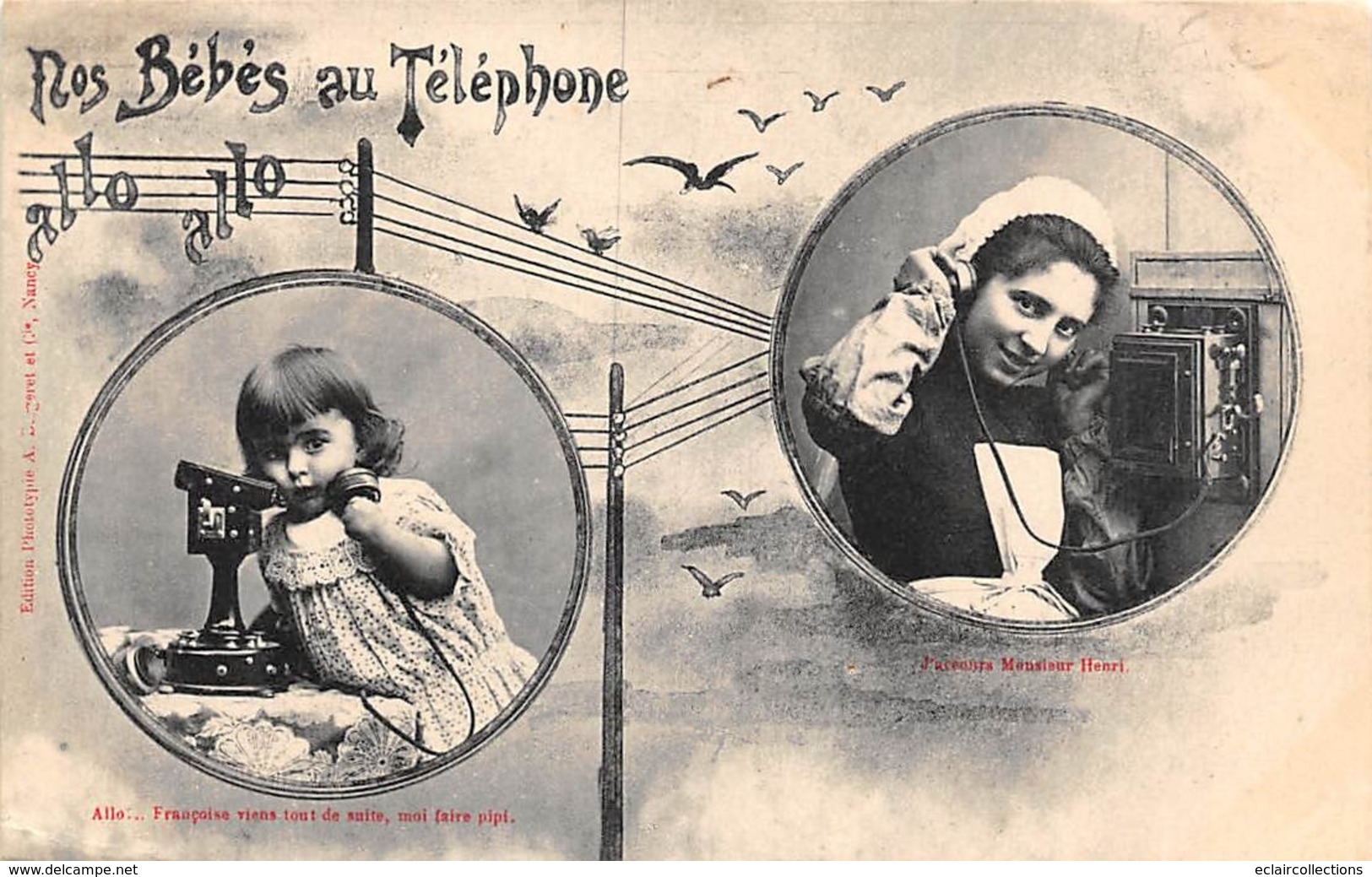 Thème Téléphone.Télégraphe,Radio TSF. Bergeret  Fantaisie  Téléphone  Allo..Allo.Nos Bébés Au Téléphone    (Voir Scan) - Correos & Carteros