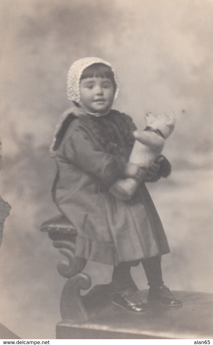 Girl With Teddy Bear Stuffed Toy, C1900s Vintage Real Photo Postcard - Portraits