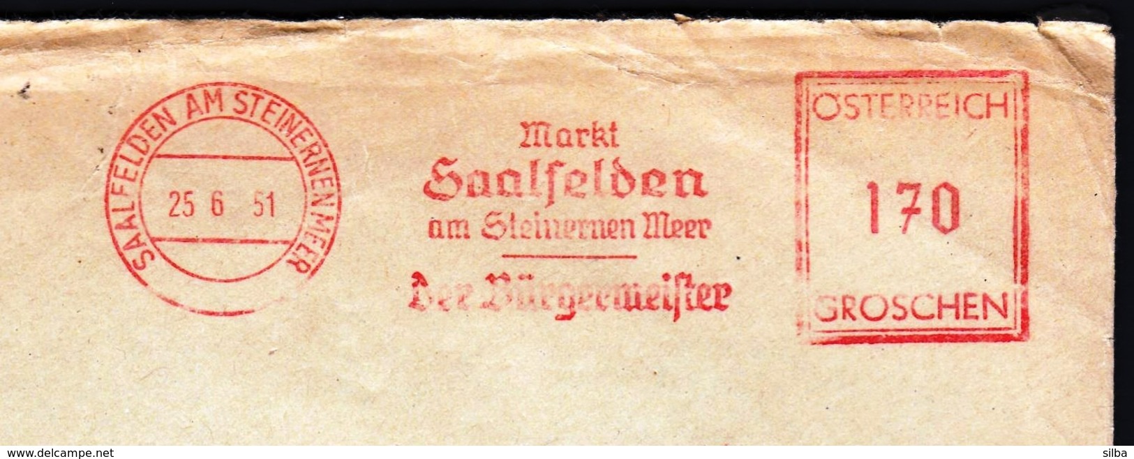 Austria 1951 / Markt Saalfelden Am Steirnernen Meer - Der Burgermeister / Machine Stamp, Flamme, Meter - Covers & Documents