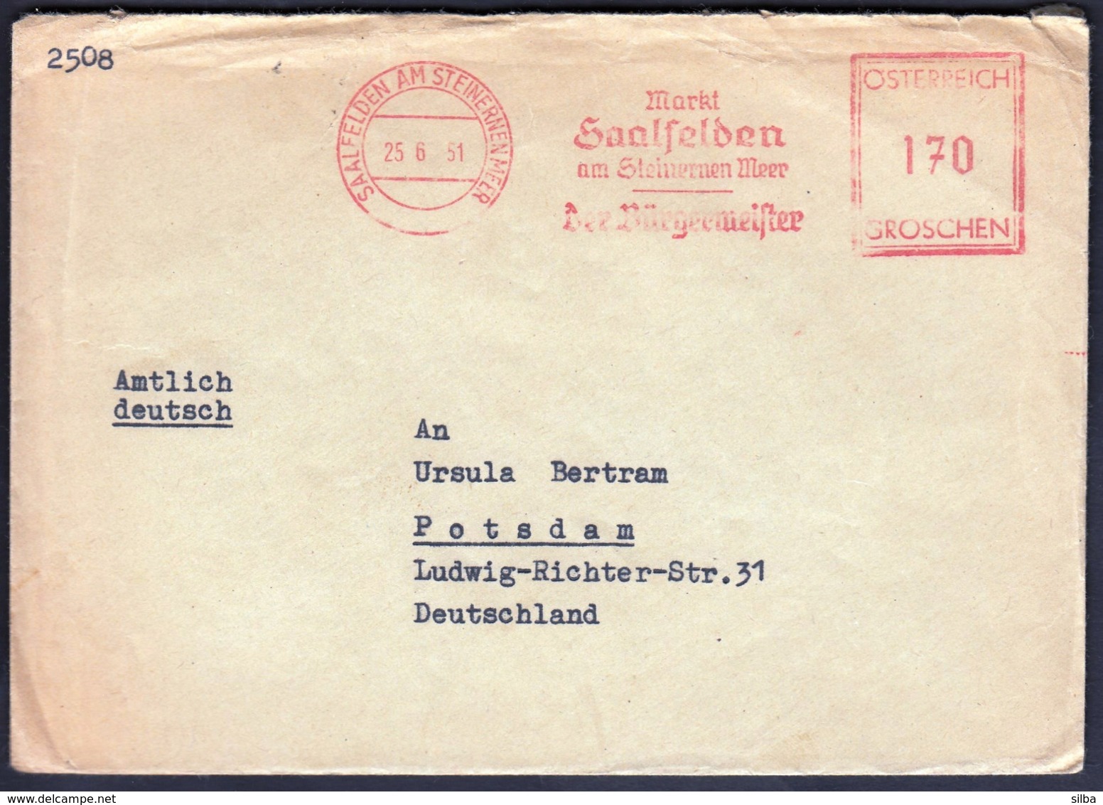 Austria 1951 / Markt Saalfelden Am Steirnernen Meer - Der Burgermeister / Machine Stamp, Flamme, Meter - Covers & Documents