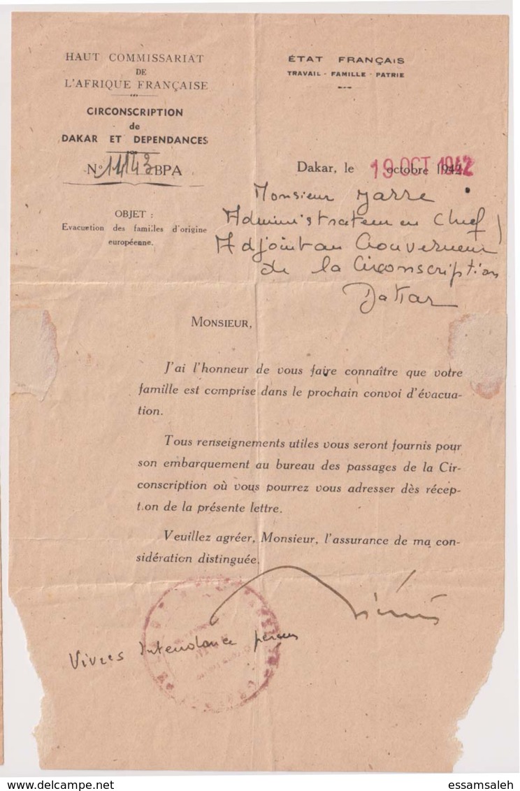 SND17001 Colonies Françaises 1942 Dakar Senegal Document Letter - Other & Unclassified