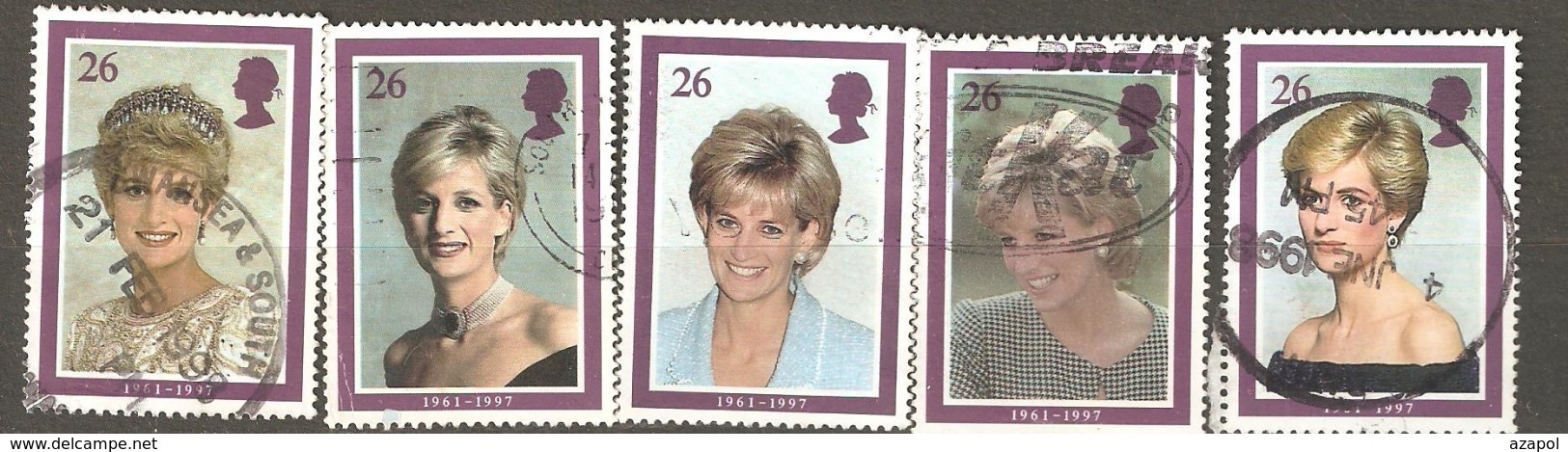 Great Britain: Full Set Of 5 Used Stamps, Princess Diana, 1998, Mi#1729-1733(2) - Used Stamps