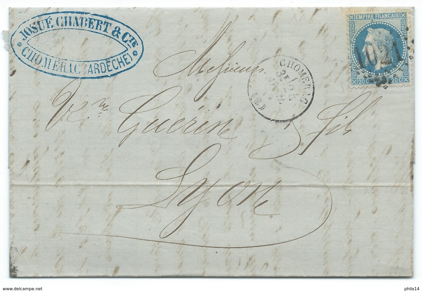 N° 29 BLEU NAPOLEON SUR LETTRE / CHOMERAC POUR LYON 1869 - 1849-1876: Classic Period