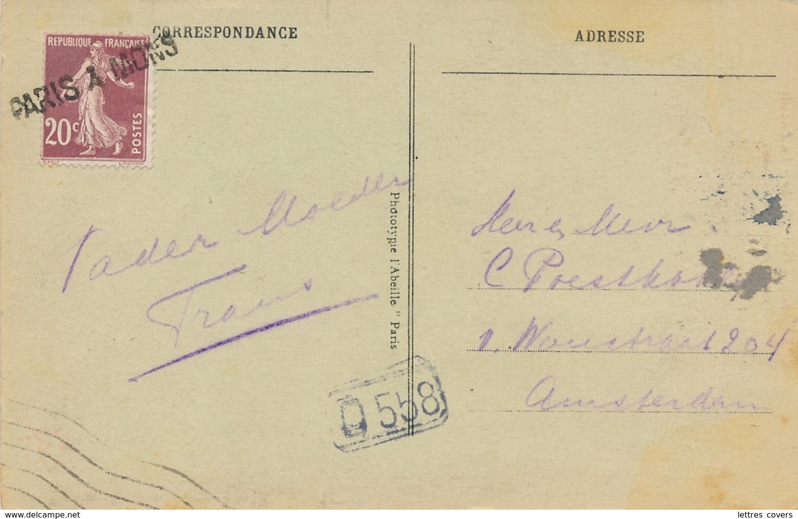 SEMEUSE 139 Obl Griffe Linéaire AMBULANT " PARIS A MONS " Seul Sur CP 5 Mots Etranger > Amsterdam Hollande - 1921-1960: Moderne