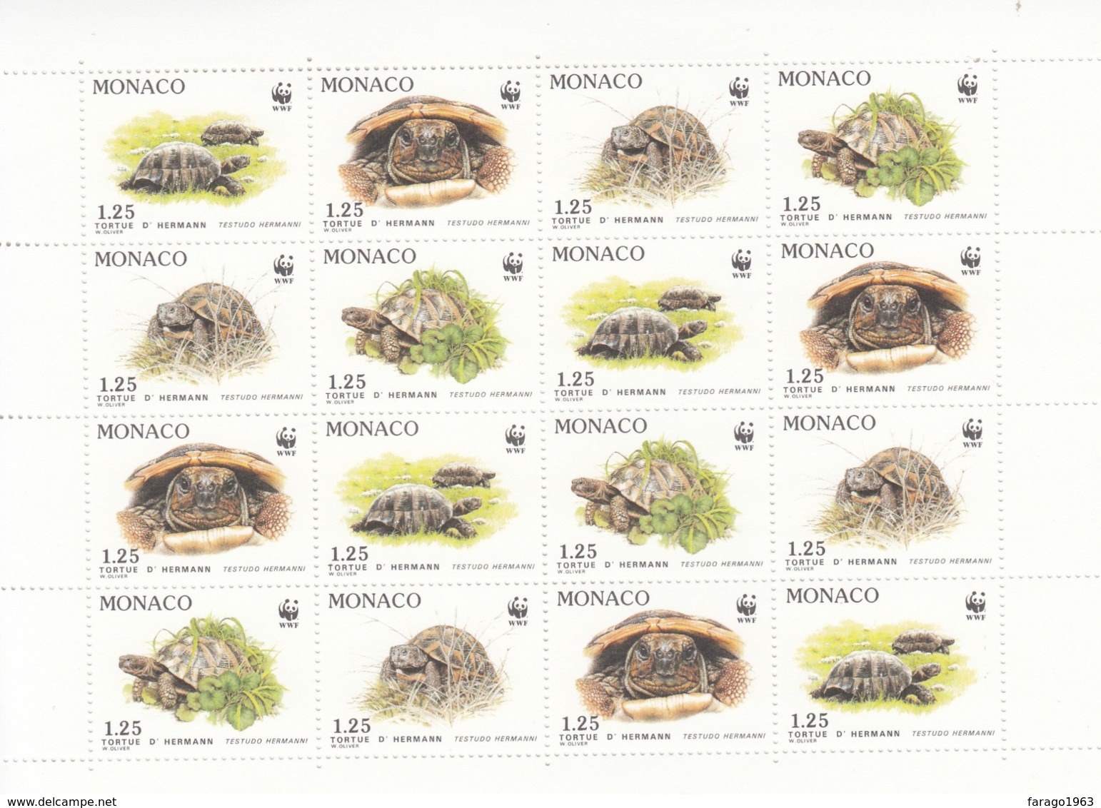 1991 Monaco WWF Tortue Tortoise Turtles Reptiles  Miniature Sheet Of 16 MNH - Turtles