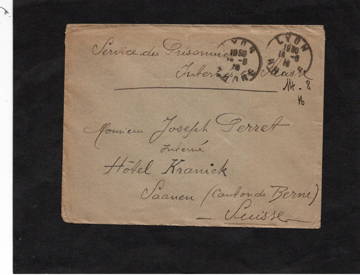 LSC 1916 - Enveloppe Adressée Au Service Des Prisonniers Internés En Suisse - Au Dos Cachet SAANEN (Bern) - 1. Weltkrieg 1914-1918