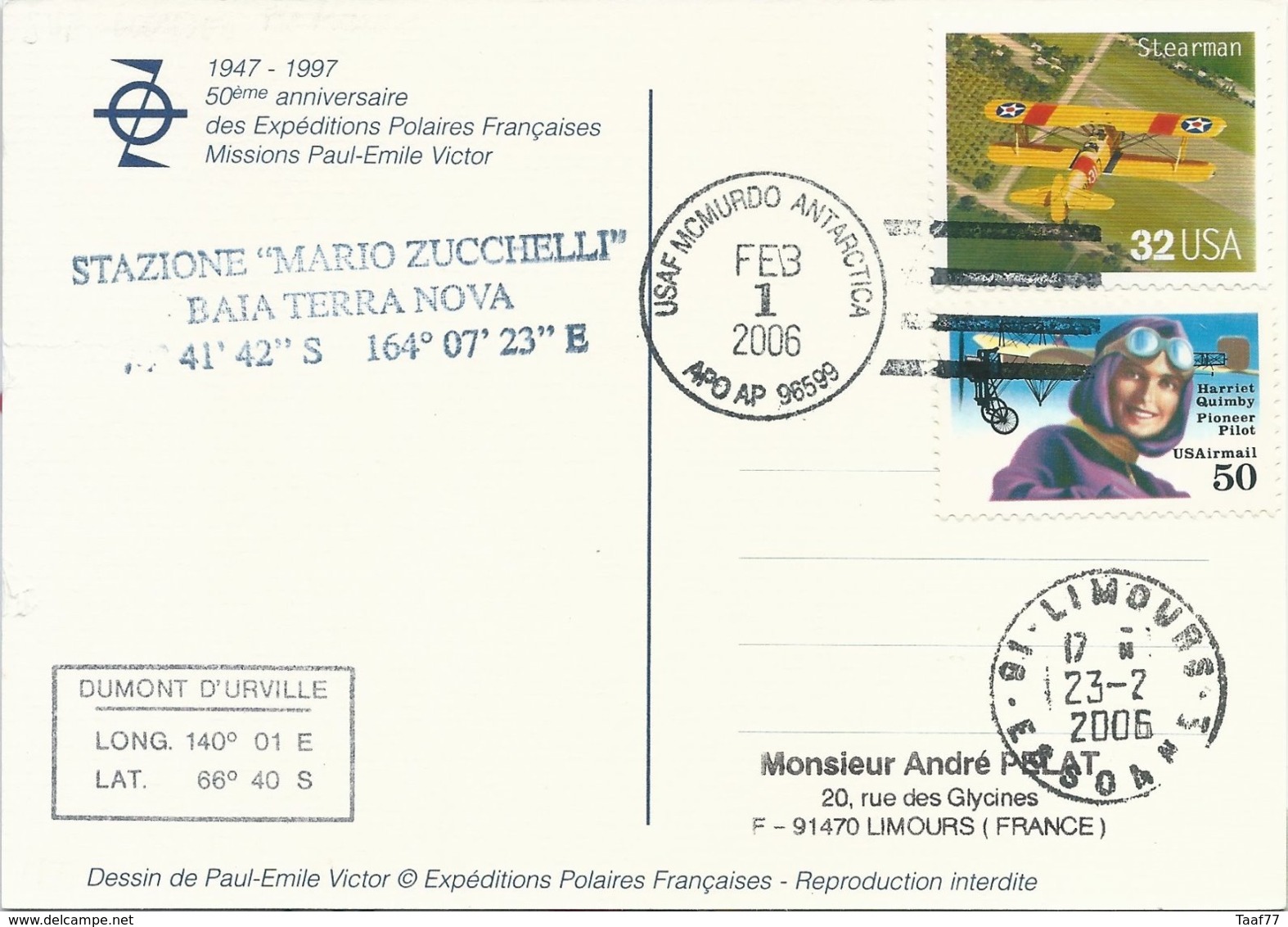 Carte Illustrée PE Victor Avec Cachet USAF McMurdo Antartica Sur Timbres USA N°2621 Et PA N°121 - 01/02/2006 - Research Programs