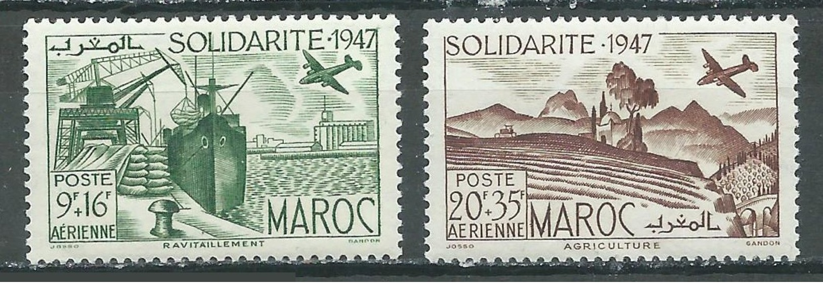 Maroc Poste Aérienne YT N°65/66 Solidarité 1947 Neuf/charnière * - Posta Aerea