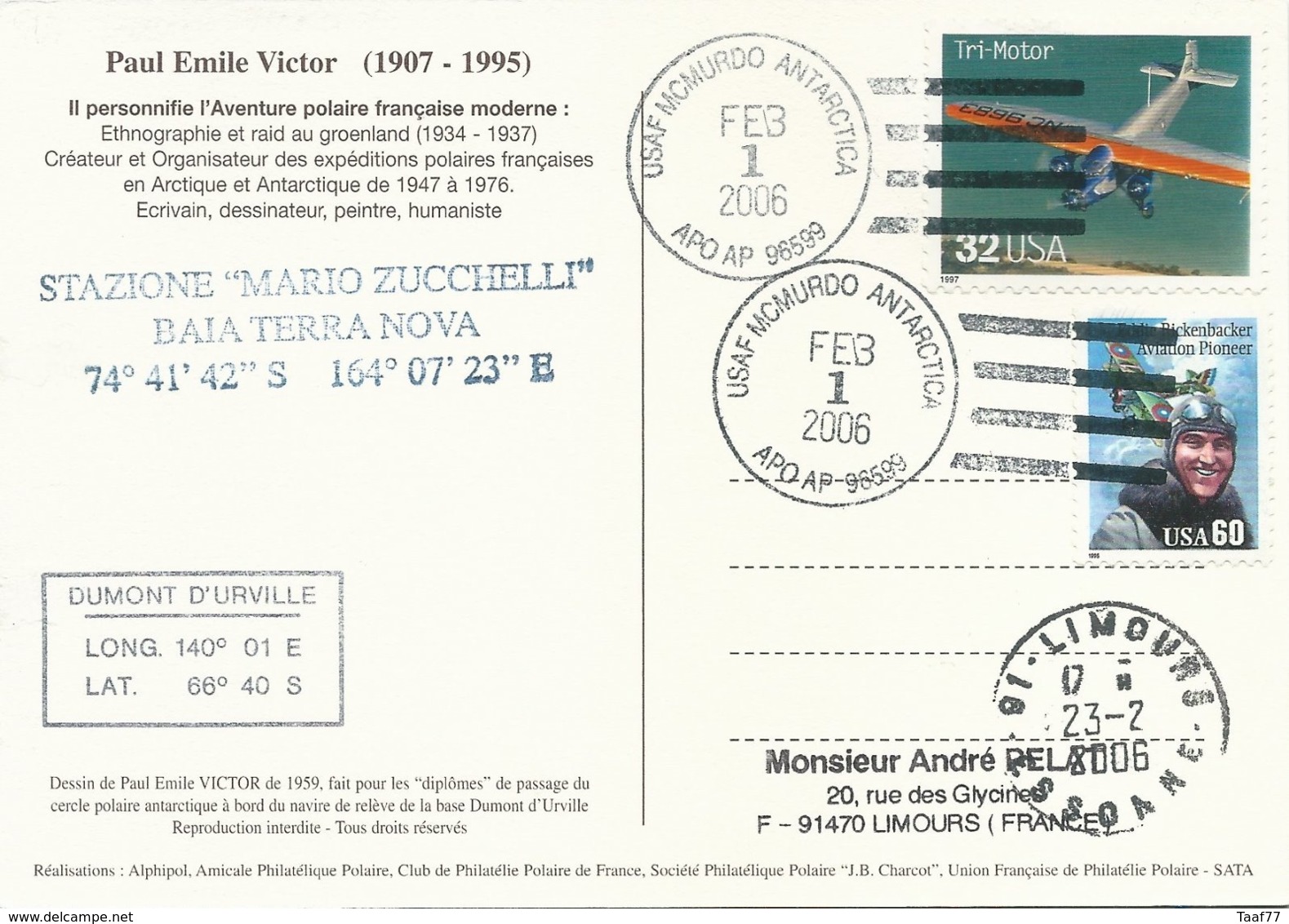 Carte Illustrée PE Victor Avec Cachet USAF McMurdo Antartica Sur Timbres USA N°2625 Et N°2441 - 01/02/2006 - Forschungsprogramme