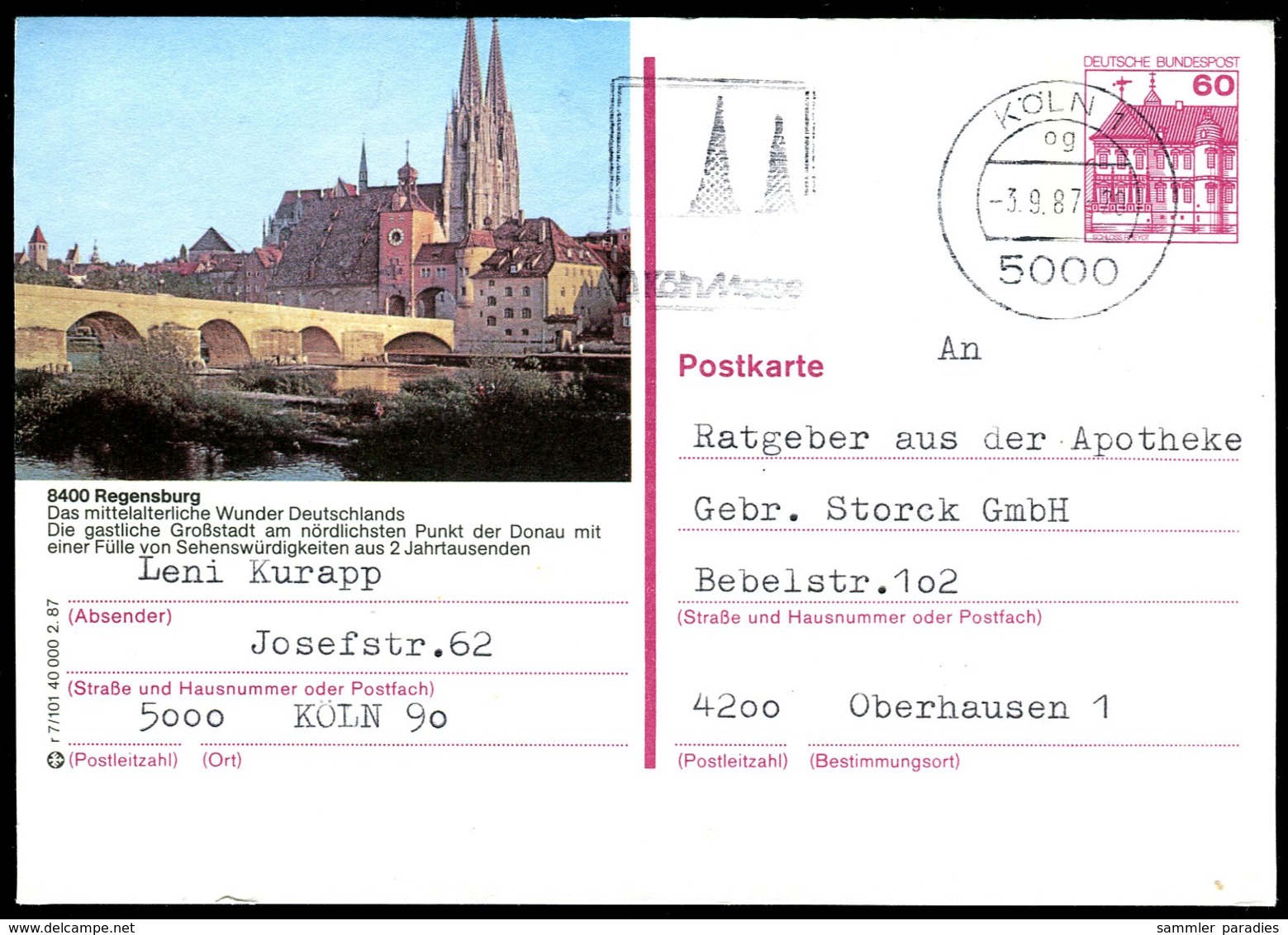 72903) BRD - P 138 - R7/101 - 5000 OO Gestempelt - 8400 Regensburg, Brücke, Brückentor, Dom St. Peter, Kirche - Cartoline Illustrate - Usati