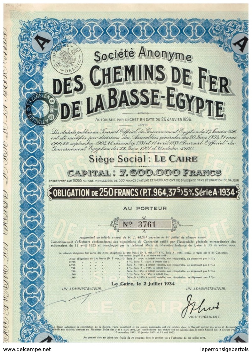 Titre Ancien - Société Anonyme Des Chemins De Fer De La Basse Egypte - Obligation De 250 Francs - Titre De1934 - N° 3771 - Chemin De Fer & Tramway