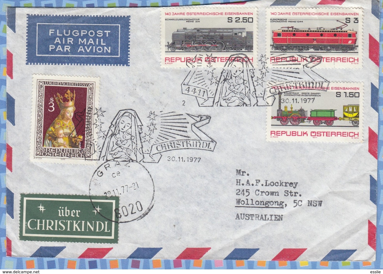 Austria Osterreich On Cover To Australia - 1977 - ChristKindl Christmas GRAZ Austrian Railroads - Storia Postale