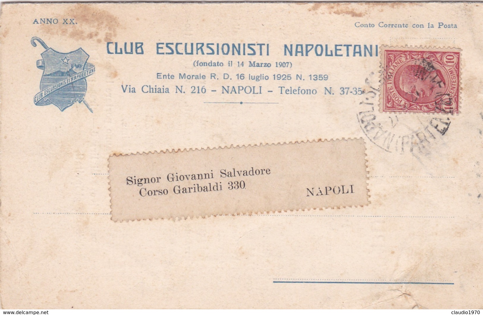 STORIA POSTALE - REGNO - NAPOLI - CLUB ESCURSIONISTI NAPOLETANI - VIAGGIATA PER NAPOLI - Storia Postale