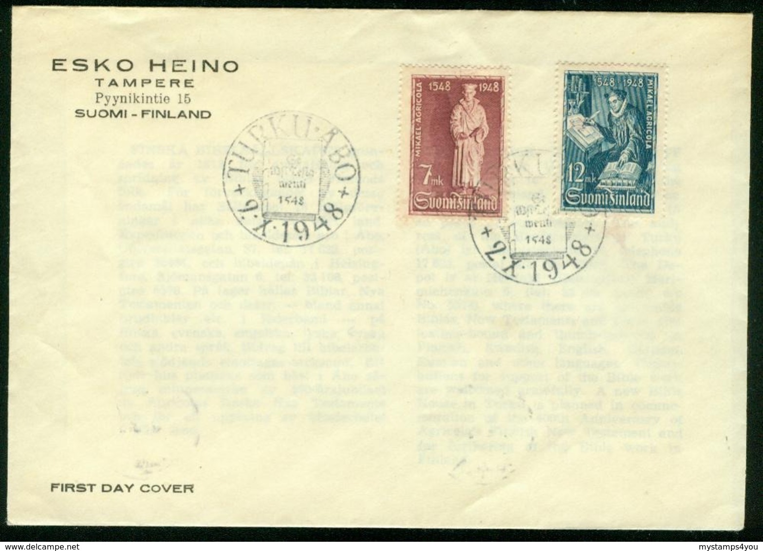 Fd Finland FDC 1948 MiNr 356-357 | 400th Anniv Of Translation Of New Testament Into Finnish By Michael Agricola - FDC