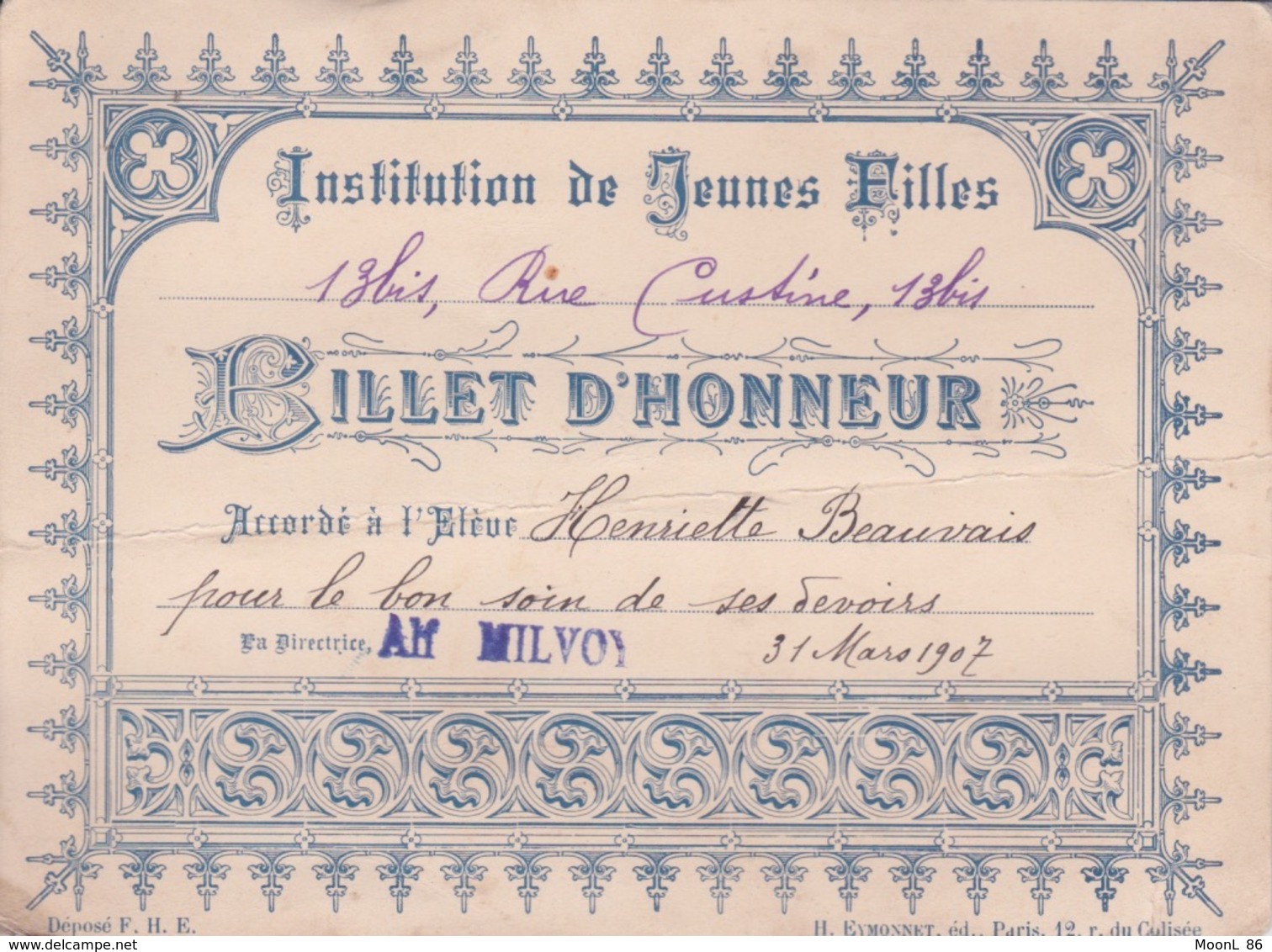 1907 BILLET D'HONNEUR - ECOLE - INSTITUTION DE JEUNES FILLES 13 BIS RUE CUSTINE PARIS 18° - - Diplomas Y Calificaciones Escolares