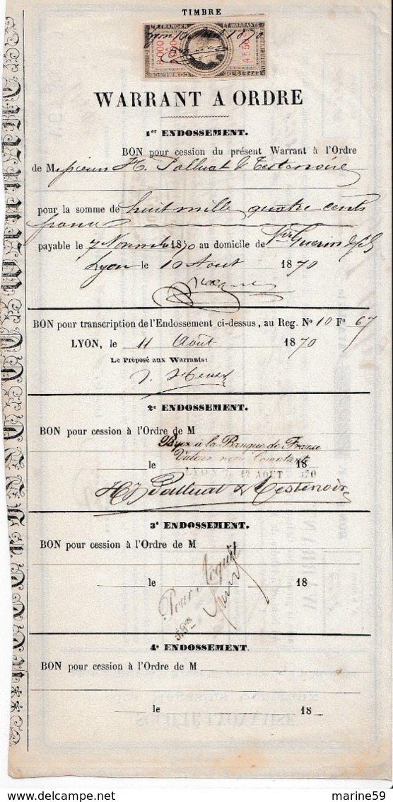 F1 - WARRANT à ORDRE N° 2924 Du 7 Novembre 1870 Avec Timbre Effet De Commerce - Other & Unclassified